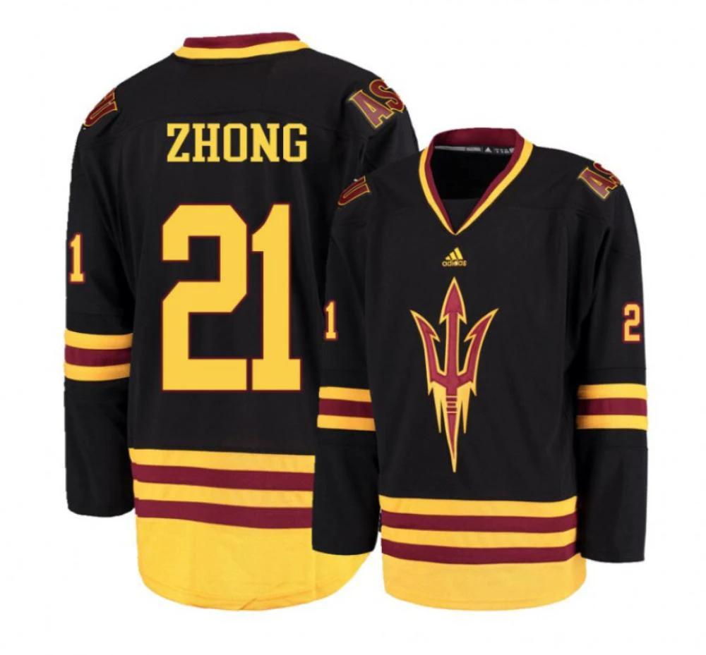 Men's Arizona State Sun Devils #21 Peter Zhong Hockey Stitched Black Jersey by Hockey David