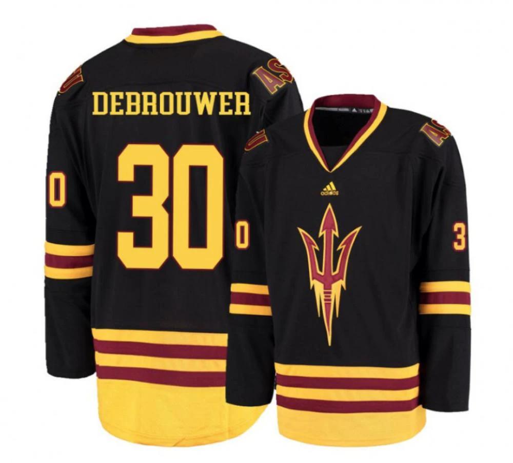 Men's Arizona State Sun Devils #30 Evan Debrouwer Hockey Stitched Black Jersey by Hockey David