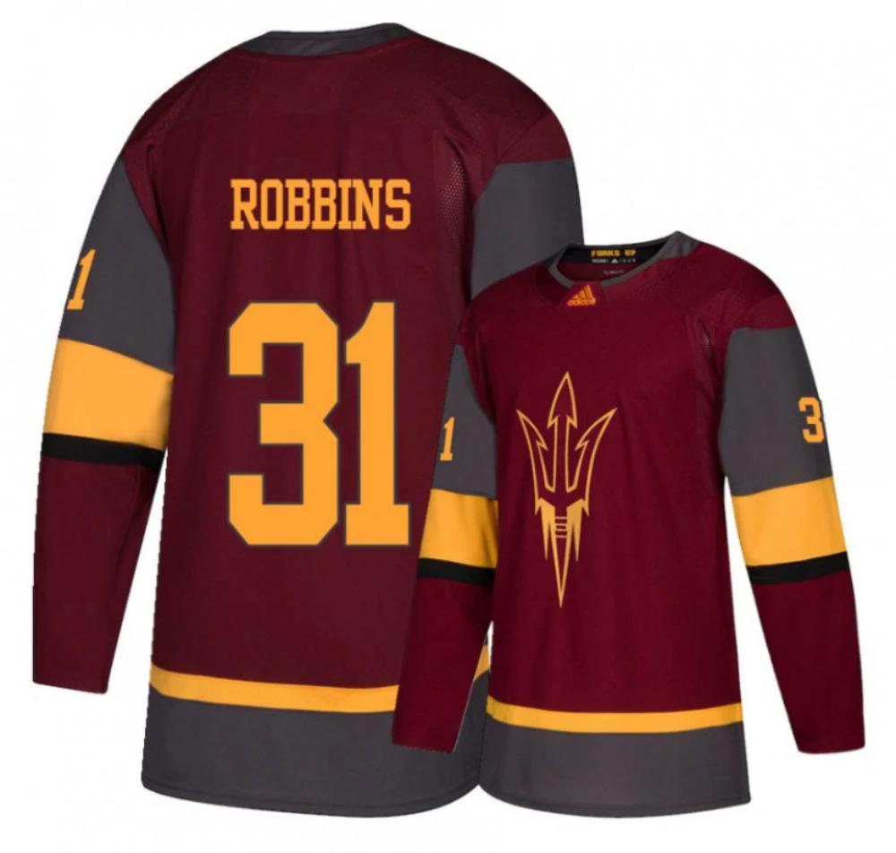 Men's Arizona State Sun Devils #31 Justin Robbins Hockey Stitched Maroon Jersey by Hockey David