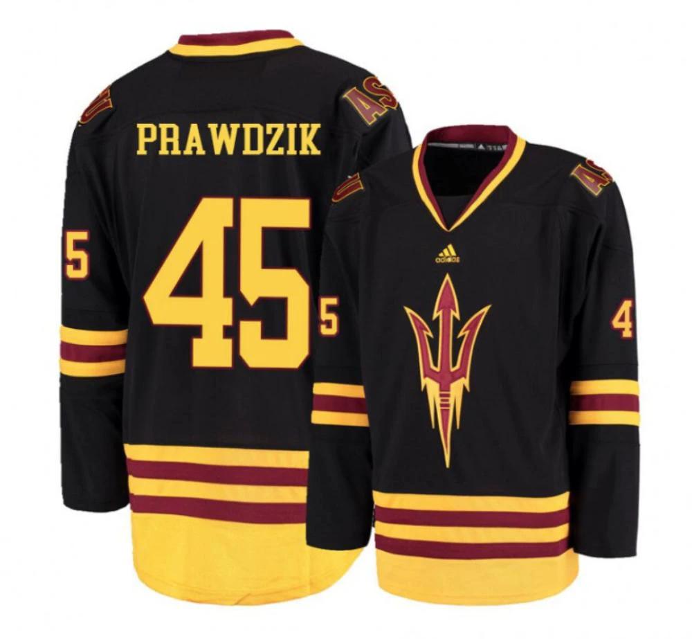 Men's Arizona State Sun Devils #45 Max Prawdzik Hockey Stitched Black Jersey by Hockey David