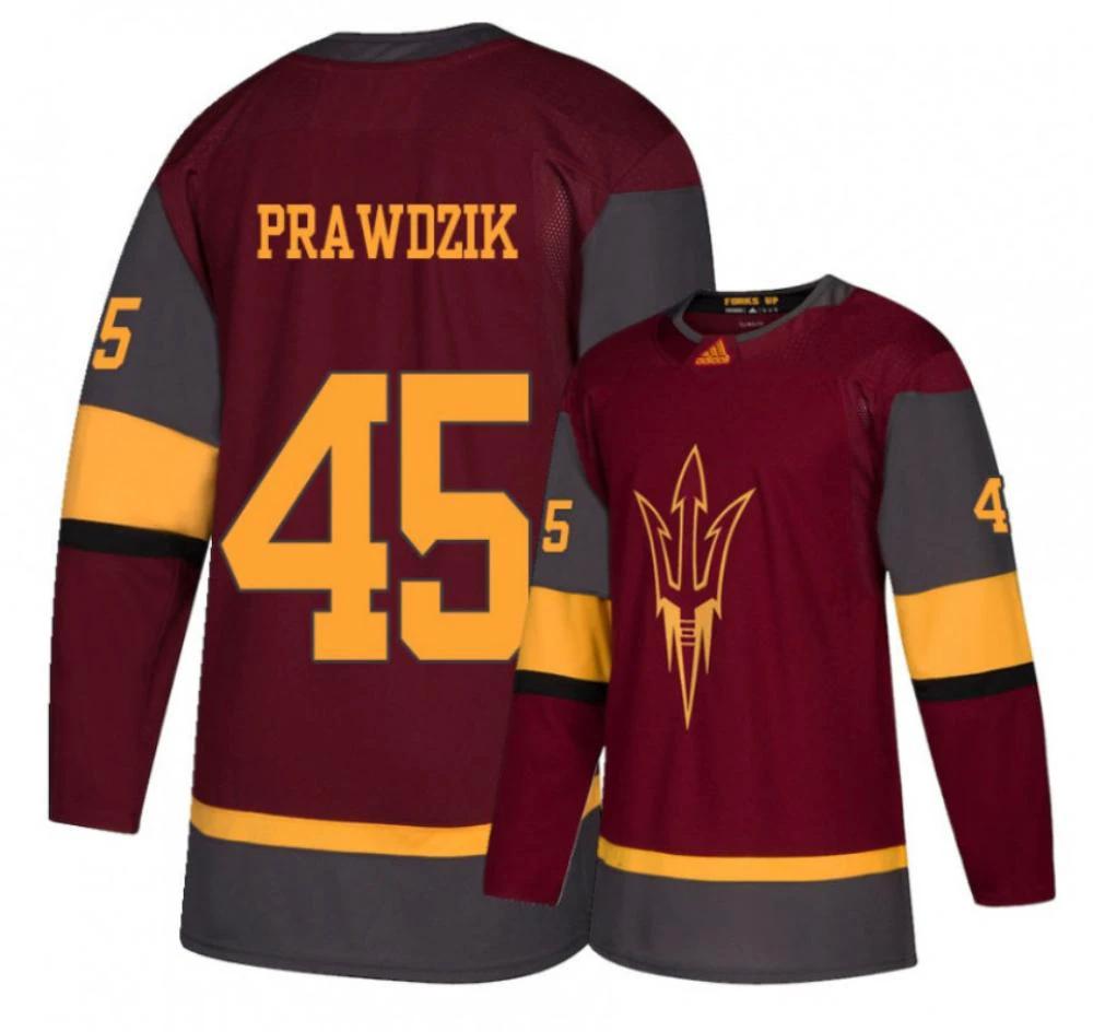 Men's Arizona State Sun Devils #45 Max Prawdzik Hockey Stitched Maroon Jersey by Hockey David