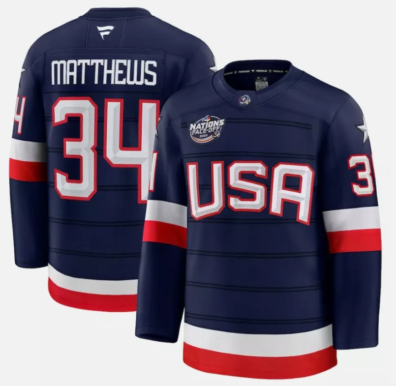 Men's Auston Matthews Jersey #34 USA Navy 2025 4 Nations Face-Off Stitched by Hockey David
