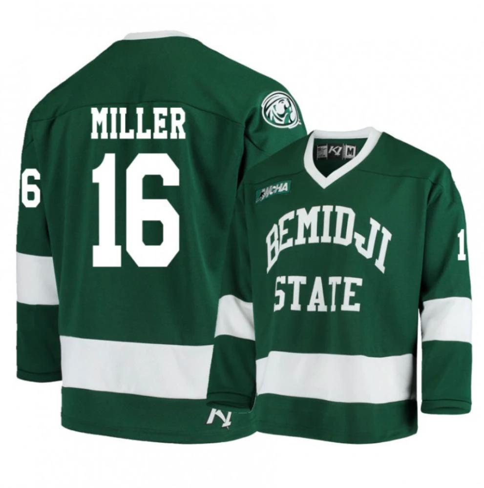 Men's Bemidji State Beavers 16 Aaron Miller Green Hockey Jersey by Hockey David