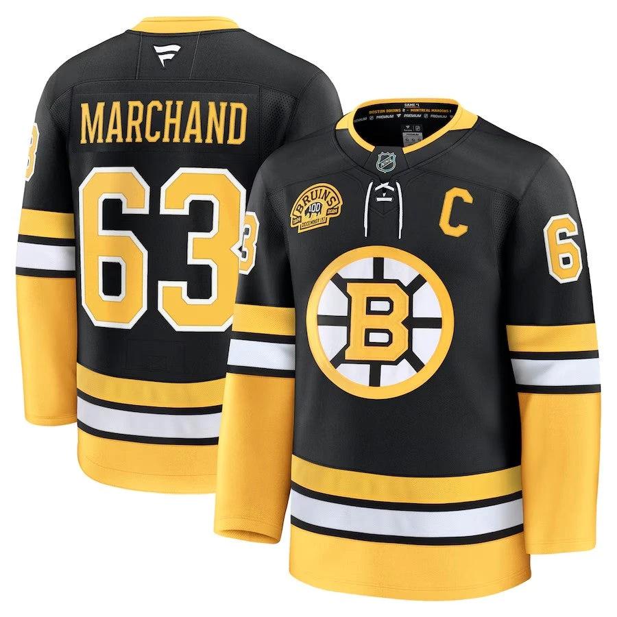 Men's Boston Bruins #63 Brad Marchand Alternate 100th Anniversary Premium Jersey Black by Hockey David