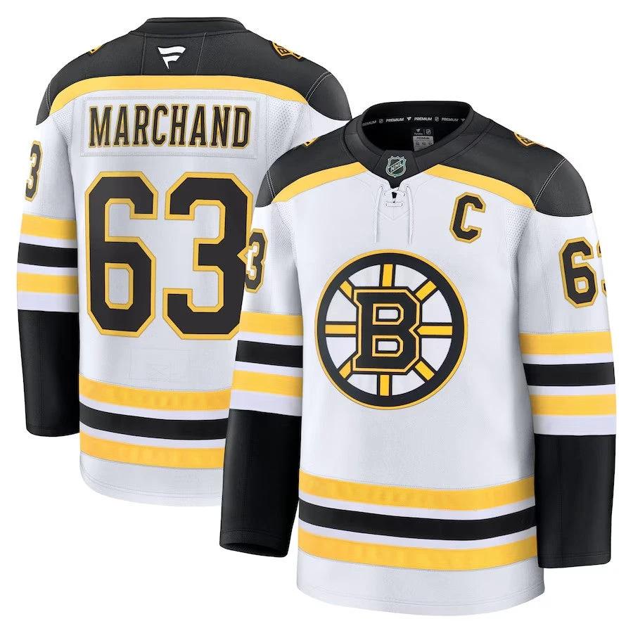 Men's Boston Bruins #63 Brad Marchand Away Premium Jersey White by Hockey David