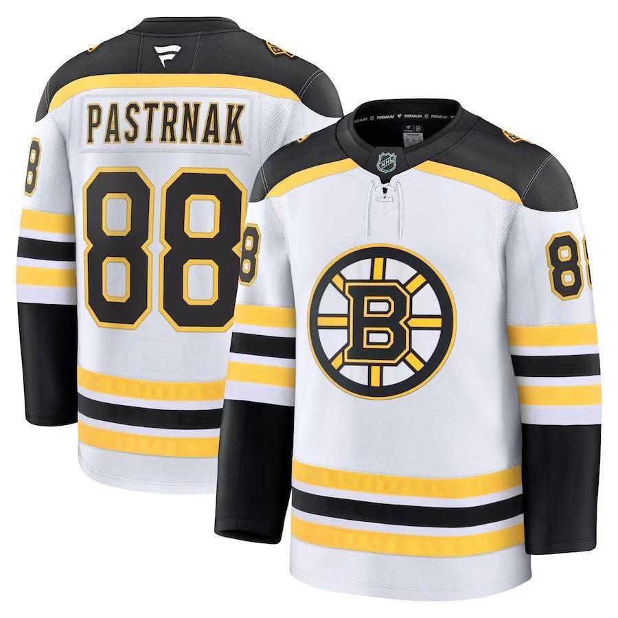 Men's Boston Bruins #88 David Pastrnak Away Premium Jersey White by Hockey David