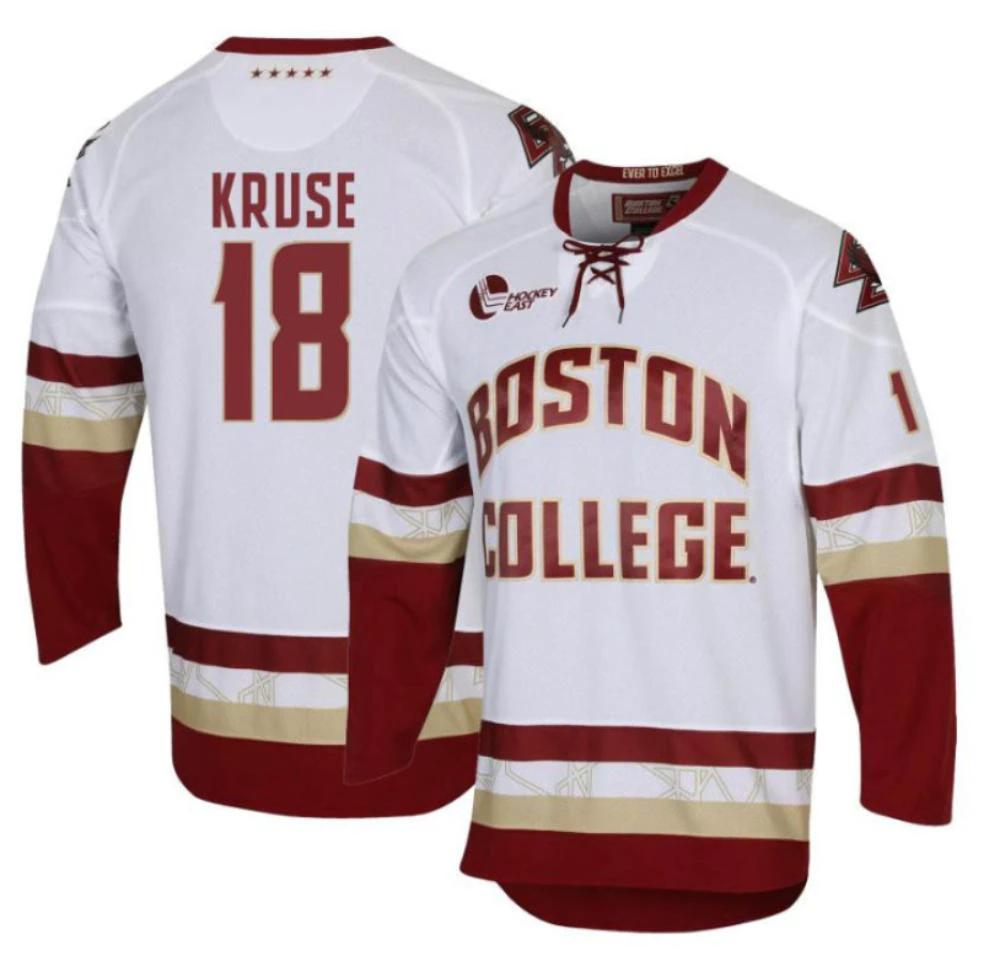 Men's Boston College Eagles Brandon Kruse #18 Hockey All Stitched White Jersey by Hockey David