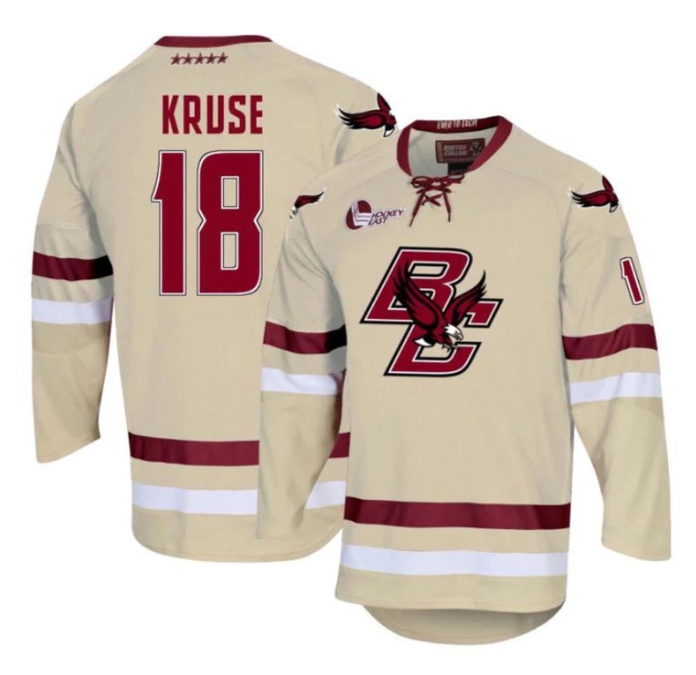 Men's Boston College Eagles Brandon Kruse #18 Hockey Stitched Cream Jersey by Hockey David