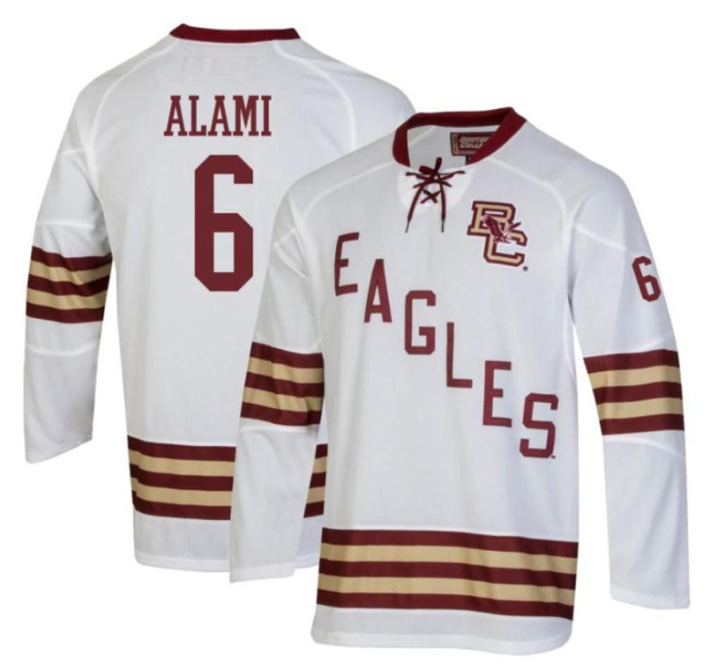 Men's Boston College Eagles Cade Alami #6 Hockey All Stitched White Jersey by Hockey David