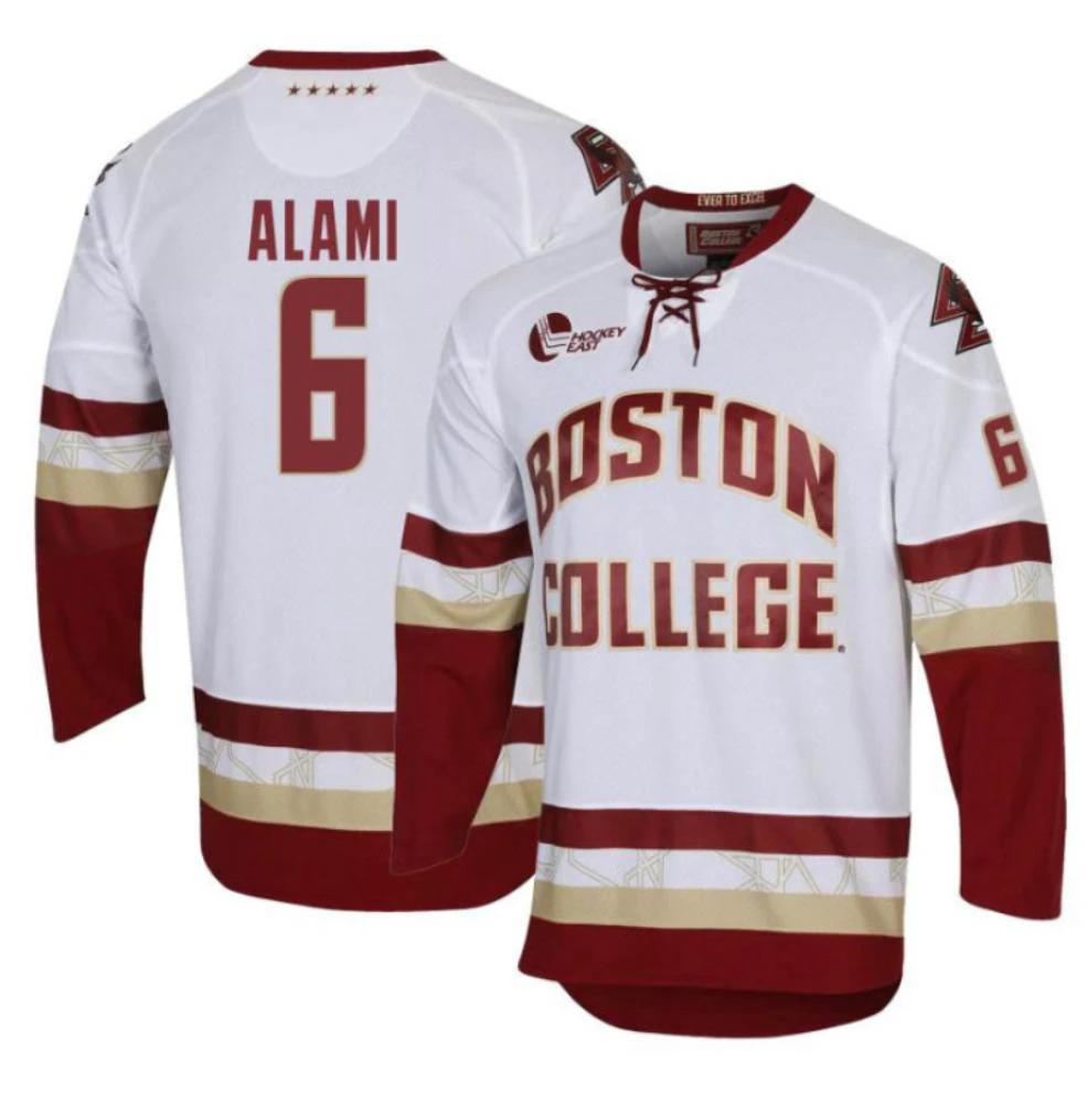 Men's Boston College Eagles Cade Alami #6 Hockey All Stitched White Jersey by Hockey David