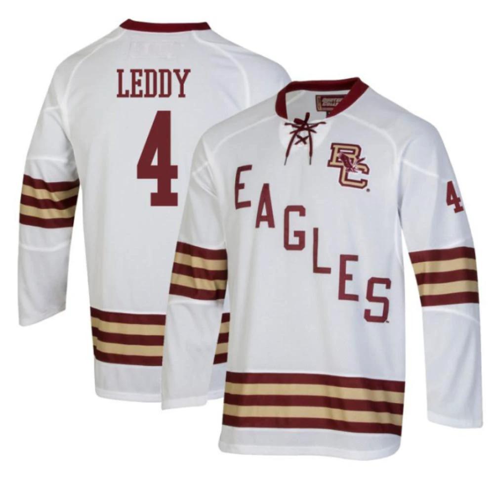 Men's Boston College Eagles Charlie Leddy #4 Hockey Stitched White Jersey by Hockey David