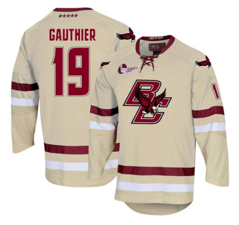 Men's Boston College Eagles Cutter Gauthier #19 Hockey All Stitched Cream Jersey by Hockey David
