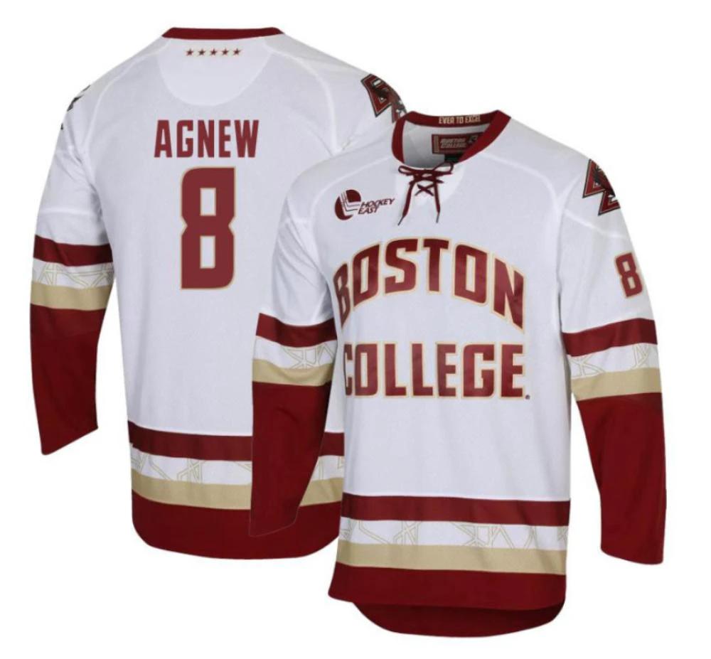 Men's Boston College Eagles Jack Agnew #8 Hockey All Stitched White Jersey by Hockey David
