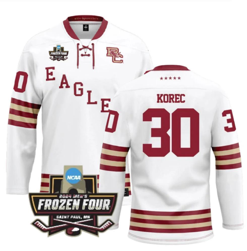 Men's Boston College Ice Hockey Jn Korec #30 White Jersey by Hockey David