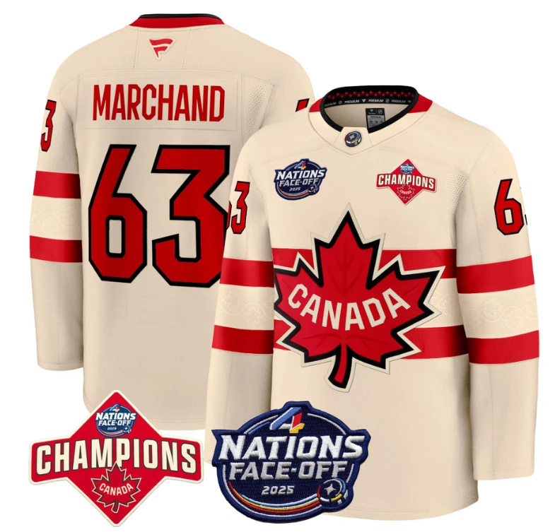 Men's Brad Marchand Jersey #63 Canada 4 Nations Face-Off 2025 Champions Cream by Hockey David