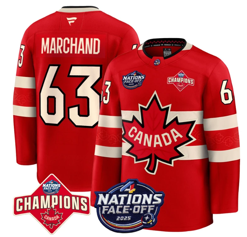 Men's Brad Marchand Jersey #63 Canada 4 Nations Face-Off 2025 Champions Red by Hockey David