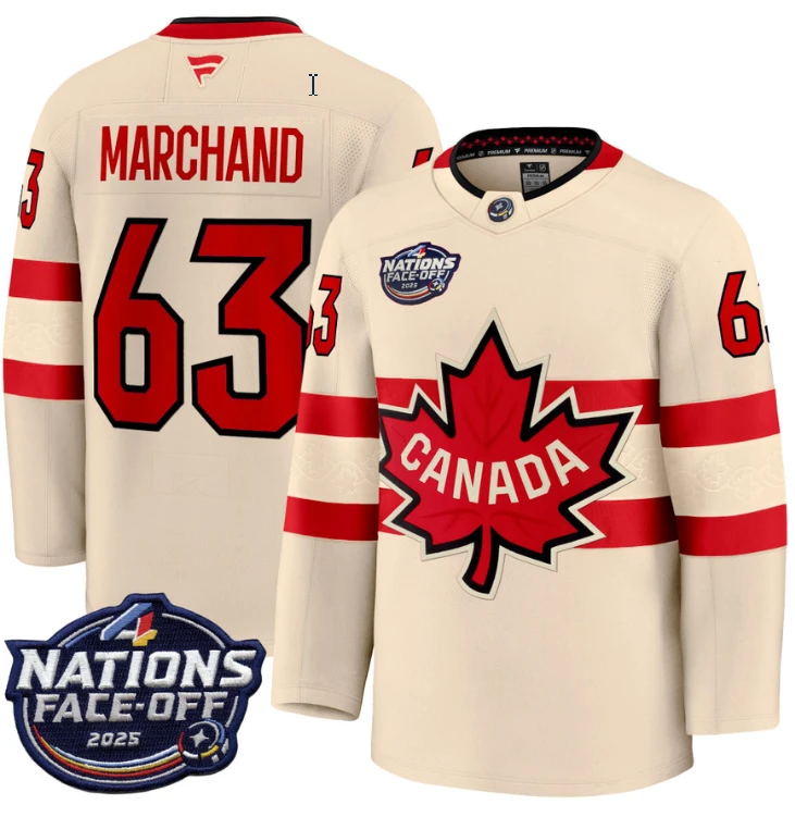 Men's Brad Marchand Jersey #63 Canada 4 Nations Face-Off 2025 Stitched Cream by Hockey David