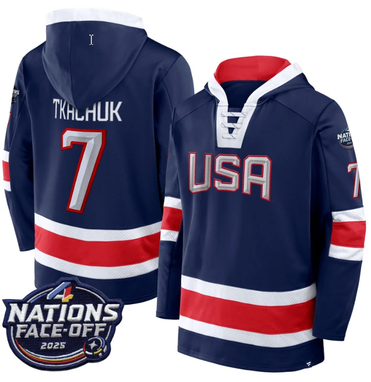 Men's Brady Tkachuk Hoodie #7 USA 4 Nations Face-Off 2025 Pullover Stitched by Hoodie Pullover