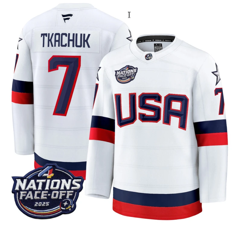 Men's Brady Tkachuk Jersey #7 USA White 2025 4 Nations Face-Off Stitched by Hockey David