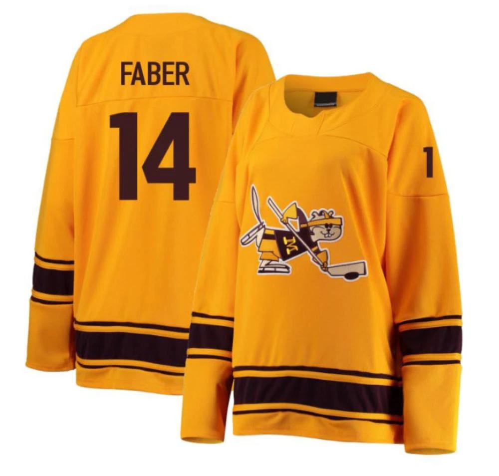 Men's Brock Faber #14 Minnesota Golden Gophers Hockey All Stitched Gold Jersey by Hockey David