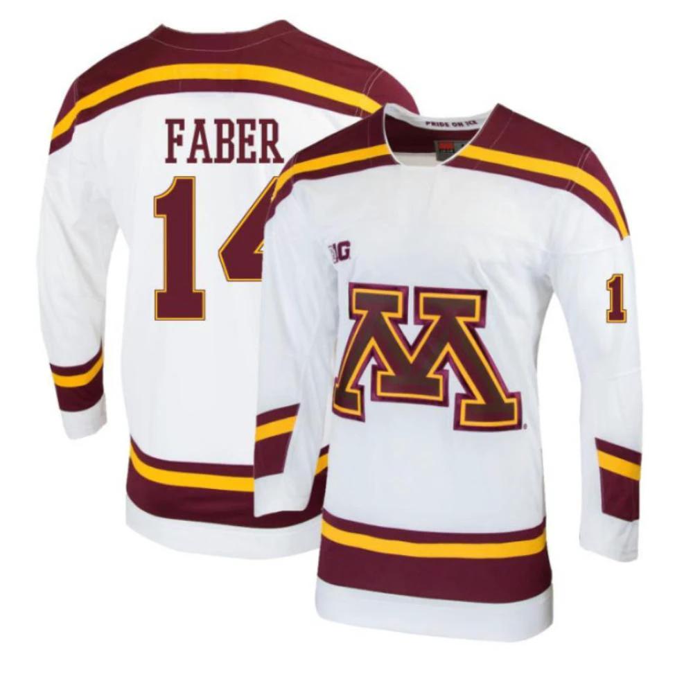 Men's Brock Faber #14 Minnesota Golden Gophers Hockey All Stitched White Jersey by Hockey David