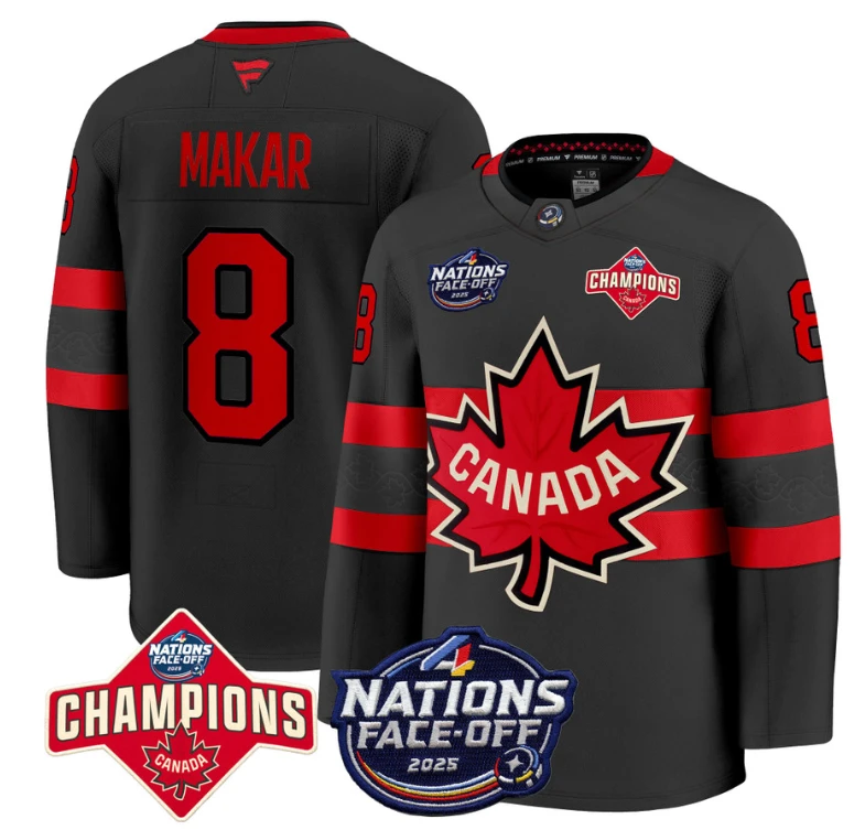Men's Cale Makar Jersey #8 Canada 4 Nations Face-Off 2025 Champions Black by Hockey David