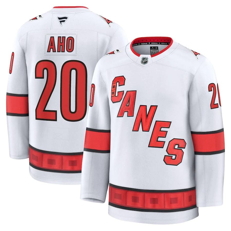 Men's Carolina Hurricanes #20 Sebastian Aho Away Premium Jersey White by Hockey David