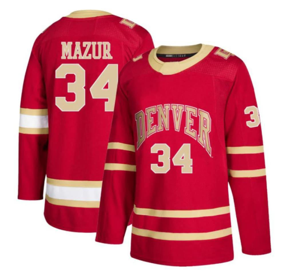 Men's Carter Mazur #34 Jersey Denver Pioneers Hockey Stitched Crimson Jersey by Hockey David