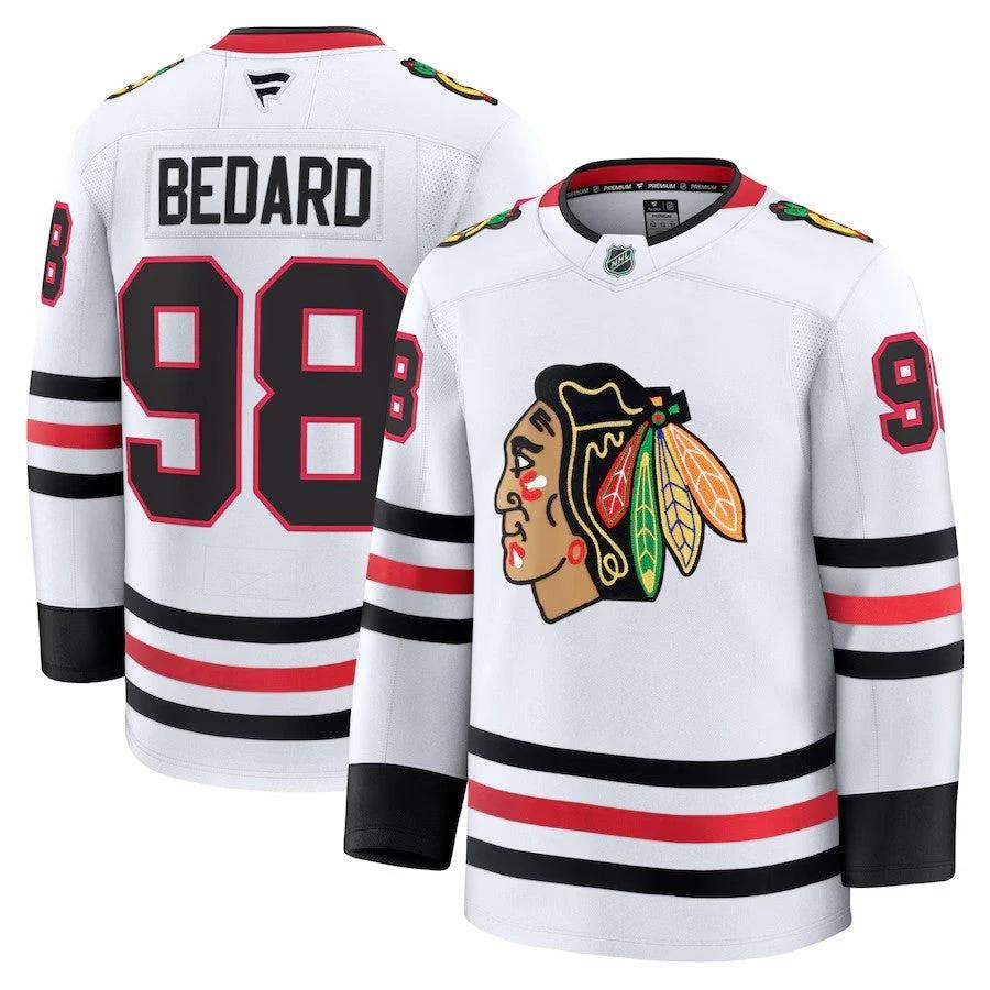 Men's Chicago Blackhawks #98 Connor Bedard Away Premium Jersey White by Hockey David