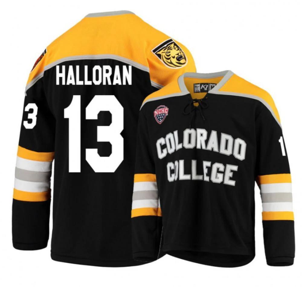 Men's Colorado College Tigers #13 N. Halloran Hockey Stitched Black Gold Jersey by Hockey David