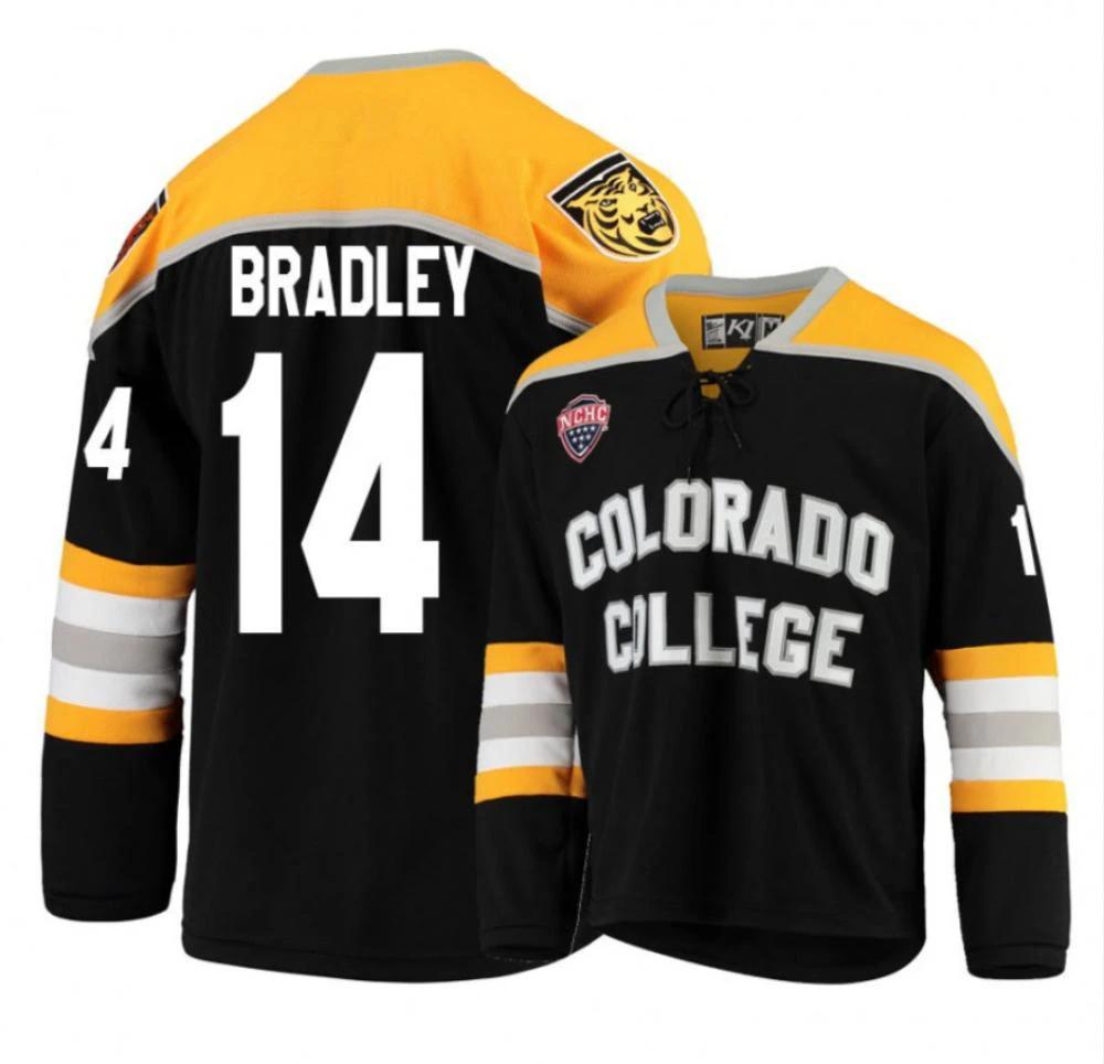 Men's Colorado College Tigers #14 Trey Bradley Hockey Stitched Black Gold Jersey by Hockey David