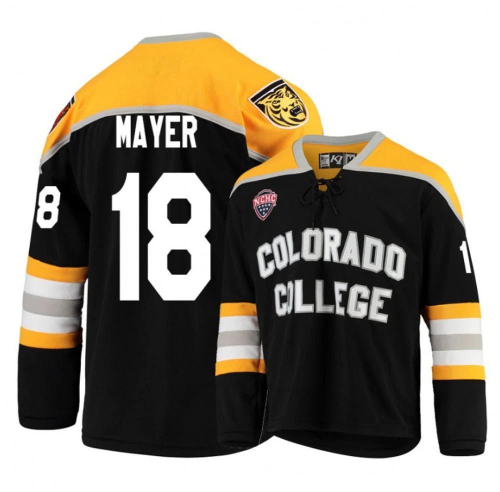 Men's Colorado College Tigers #18 Connor Mayer Hockey Stitched Black Gold Jersey by Hockey David