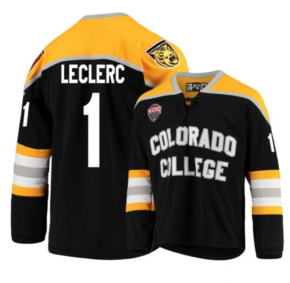 Men's Colorado College Tigers #1 Alex Leclerc Hockey Stitched Black Gold Jersey by Hockey David