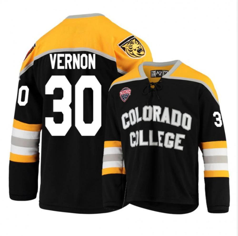 Men's Colorado College Tigers #30 Matt Vernon Hockey Stitched Black Gold Jersey by Hockey David