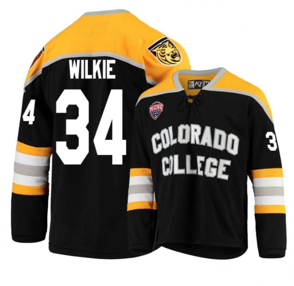 Men's Colorado College Tigers #34 Chris Wilkie Hockey Stitched Black Gold Jersey by Hockey David