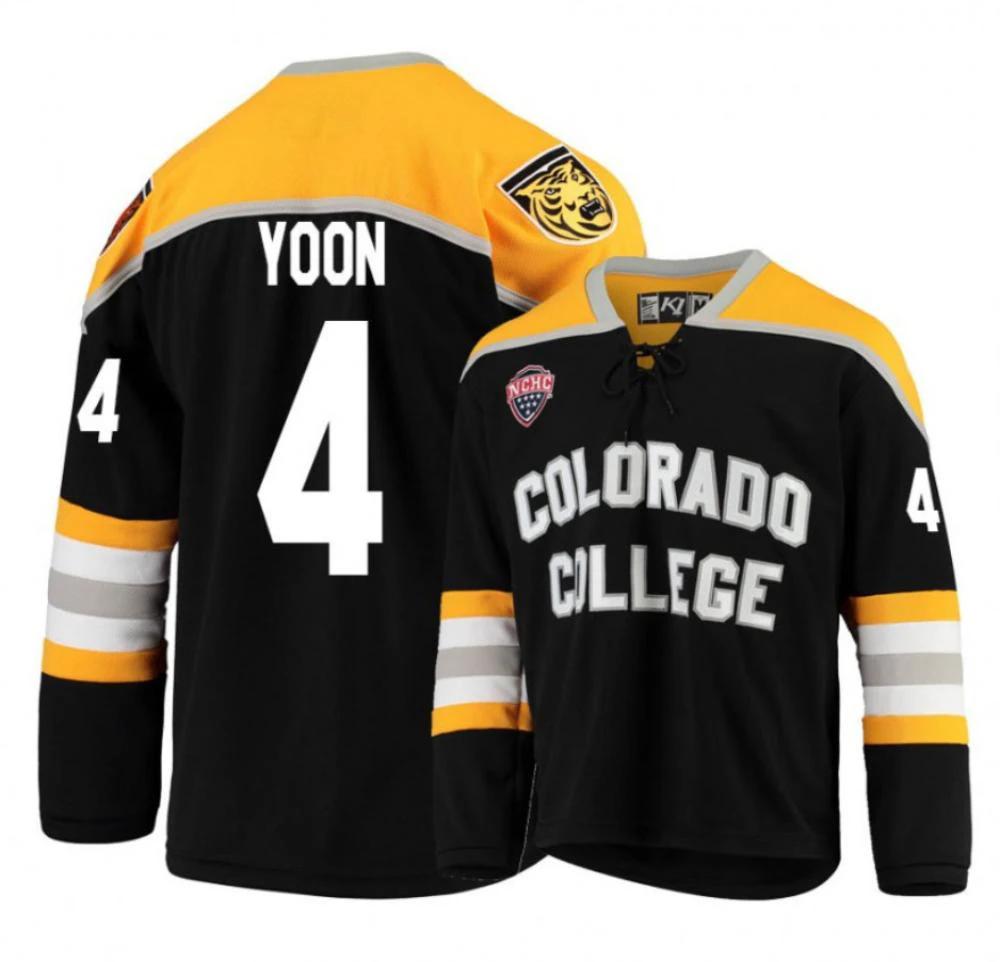 Men's Colorado College Tigers #4 Bryan Yoon Hockey Stitched Black Gold Jersey by Hockey David