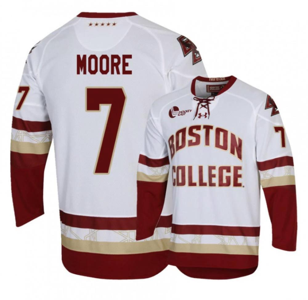 Men's Connor Moore #7 Boston College Eagles Hockey Stitched White Jersey by Hockey David
