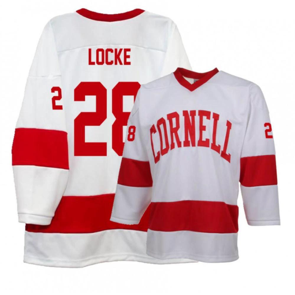 Men's Cornell Big Red #28 Brenden Locke College Hockey All Stitched White Jersey by Hockey David