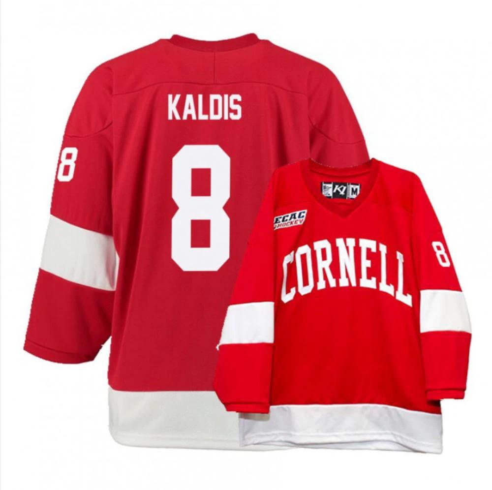 Men's Cornell Big Red #8 Yanni Kaldis College Hockey All Stitched Red Jersey by Hockey David