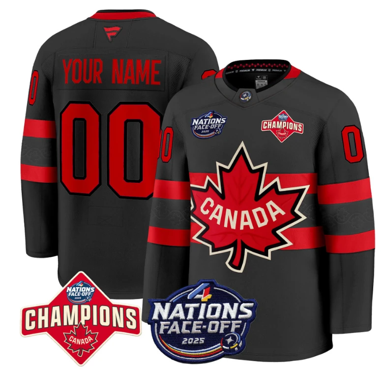 Men's Custom Canada Jersey 4 Nations Face-Off 2025 Champions Patch Stitched Black by Hockey David
