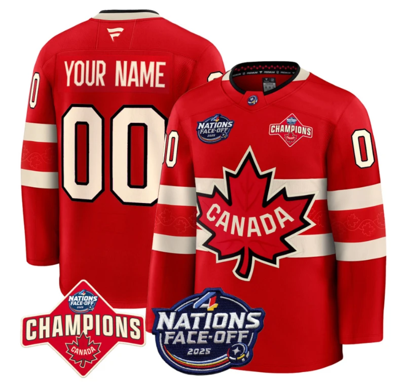 Men's Custom Canada Jersey 4 Nations Face-Off 2025 Champions Patch Stitched Red by Hockey David