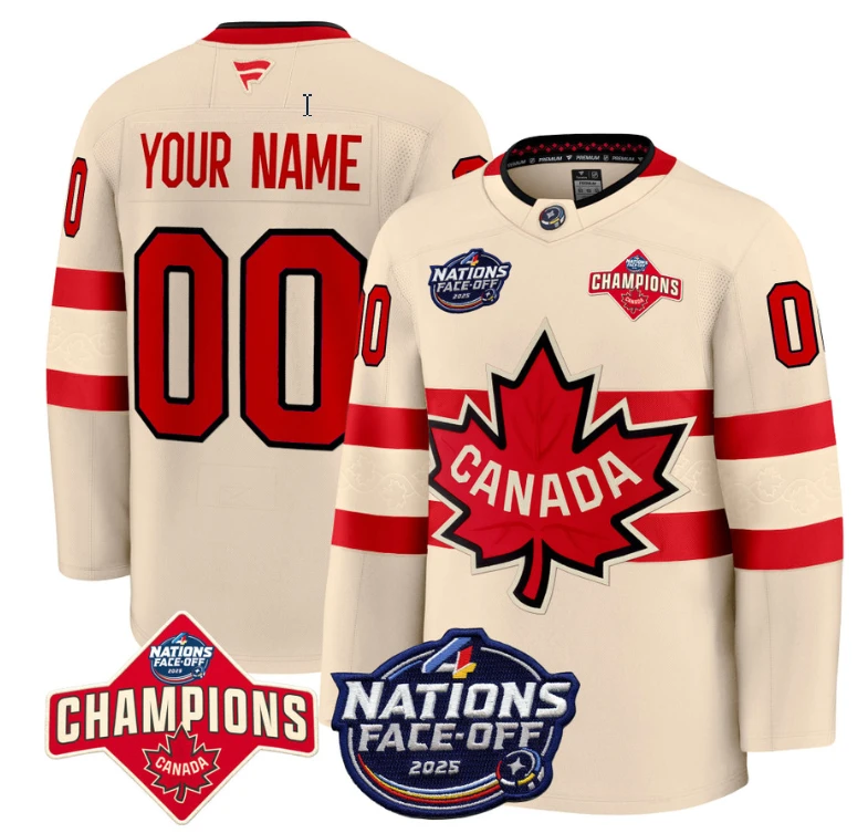 Men's Custom Canada Jersey 4 Nations Face-Off 2025 Champions Stitched Cream by Hockey David