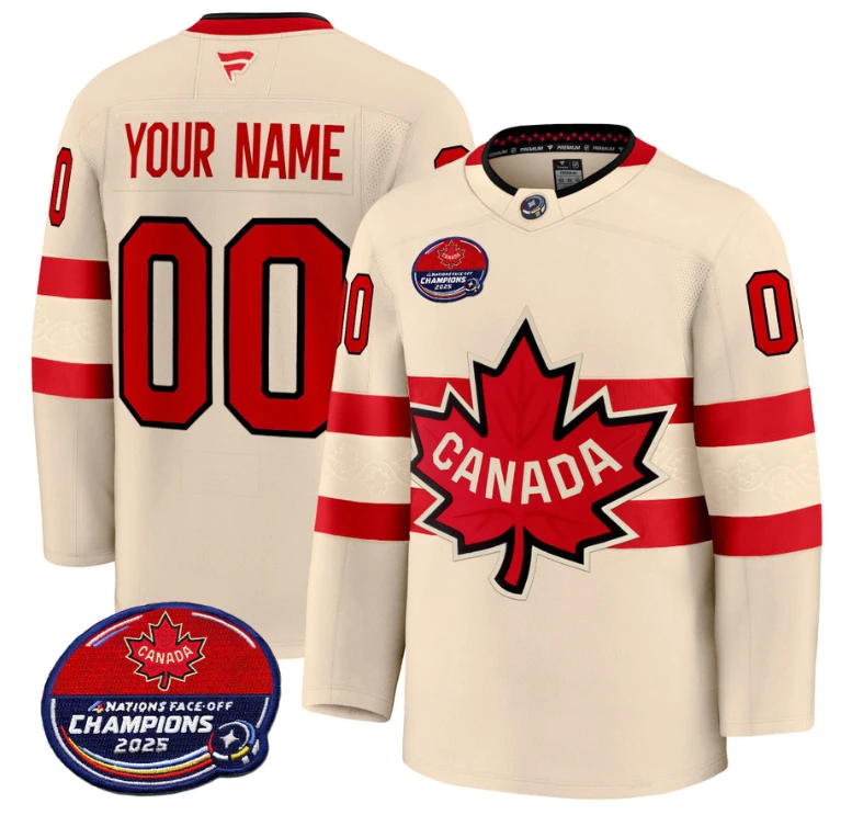 Men's Custom Canada Jersey 4 Nations Face-Off 2025 Champions V2 Stitched Cream by Hockey David