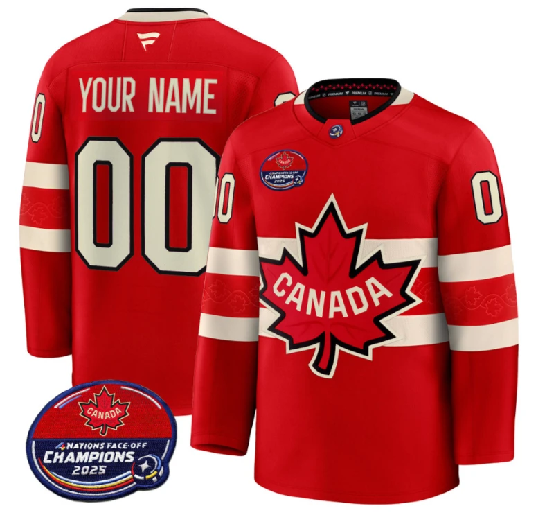 Men's Custom Canada Jersey 4 Nations Face-Off 2025 Champions V2 Stitched Red by Hockey David