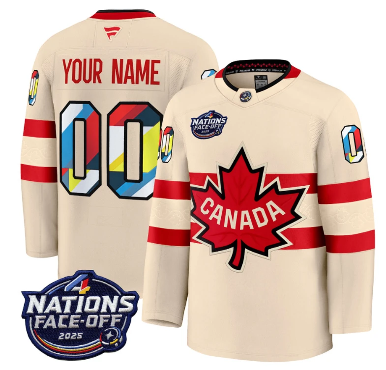 Men's Custom Canada Jersey 4 Nations Face-Off 2025 Premium V2 All Stitched Cream by Hockey David