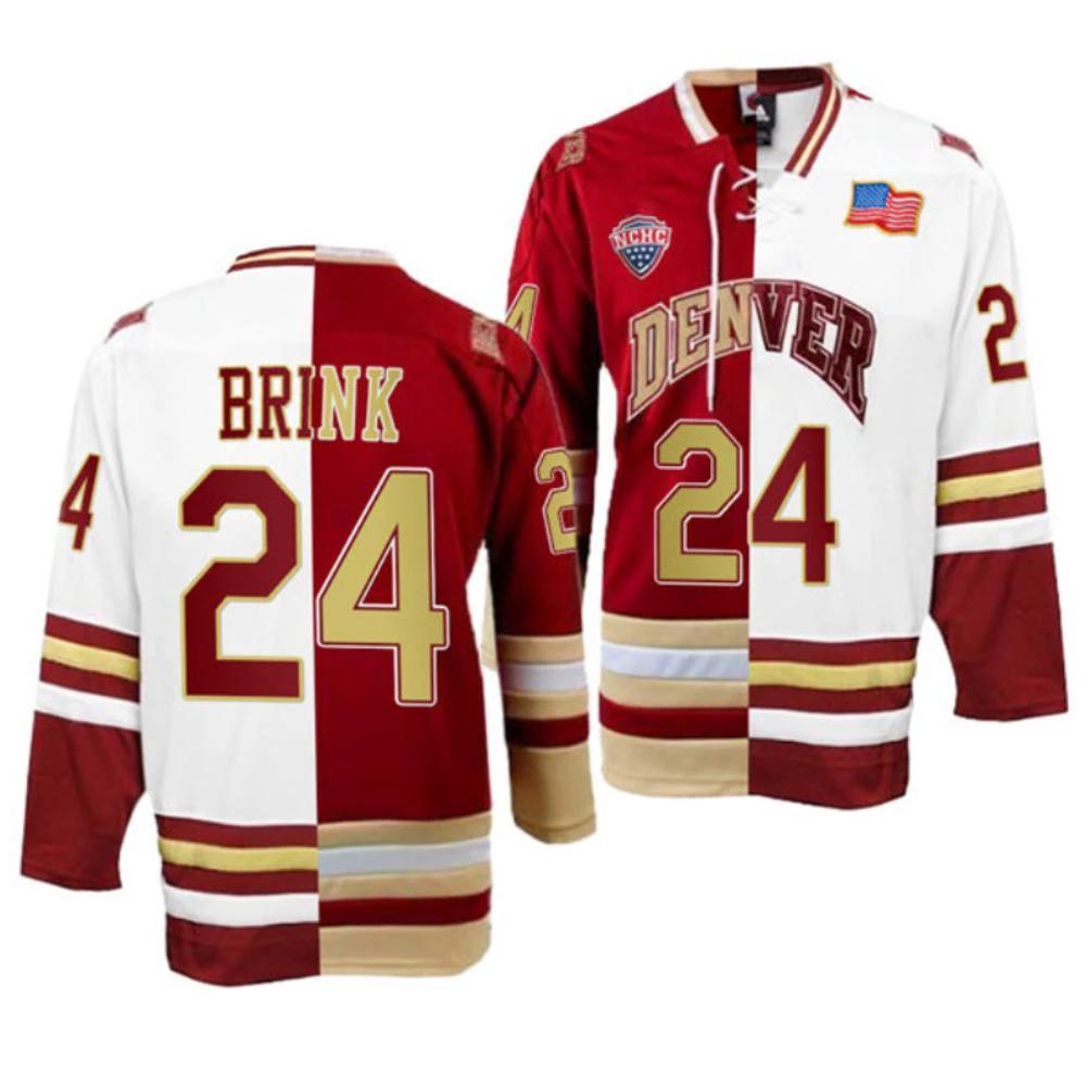 Men's Denver Pioneers Bobby Brink Jersey #24 College Hockey Crimson White Split by Hockey David