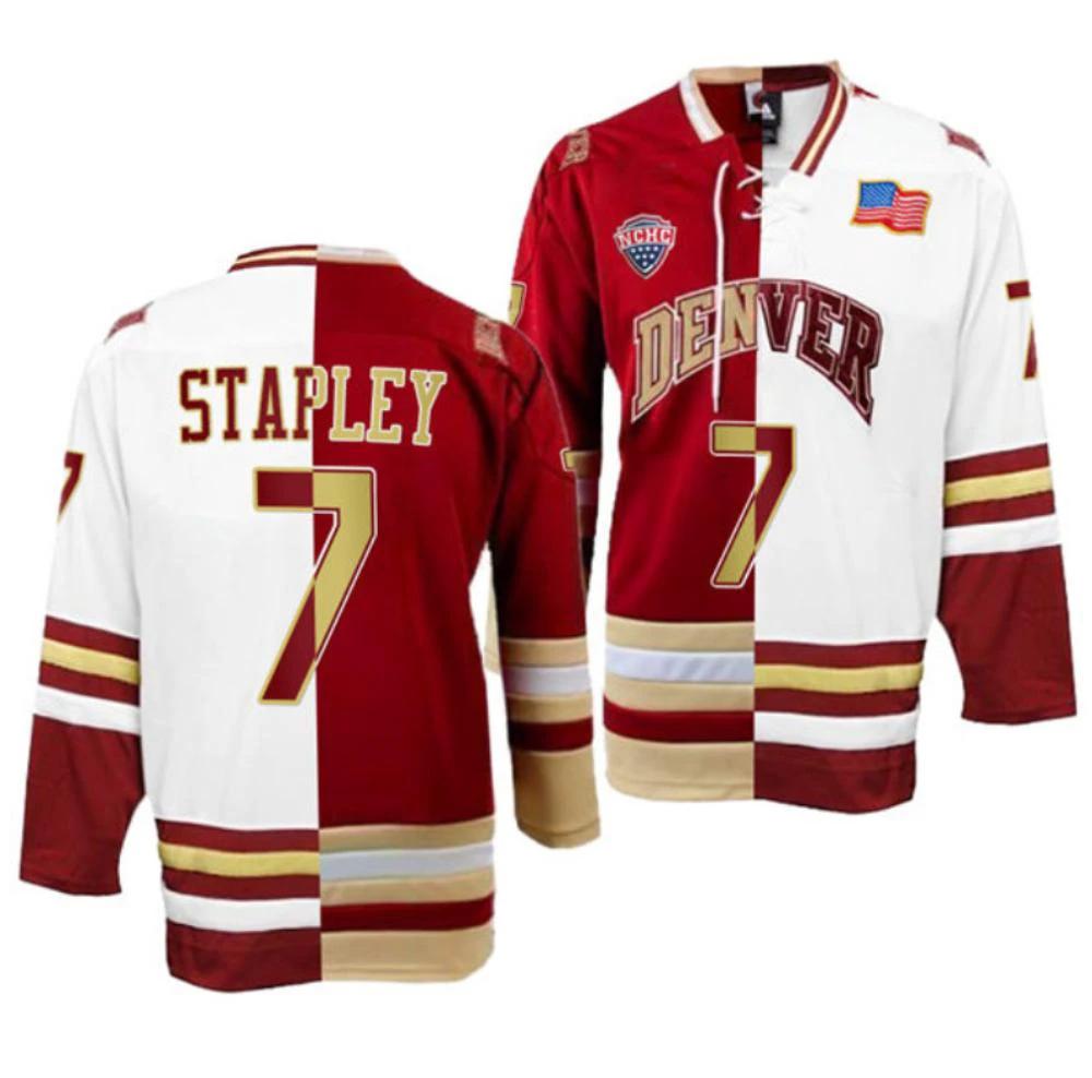 Men's Denver Pioneers Brett Stapley Jersey #7 College Hockey Crimson White Split by Hockey David
