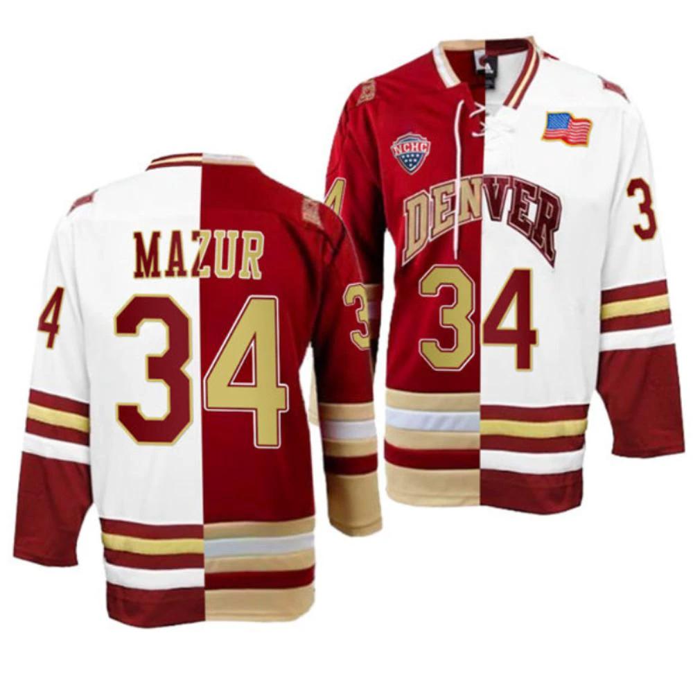 Men's Denver Pioneers Carter Mazur Jersey #34 College Hockey Crimson White Split by Hockey David