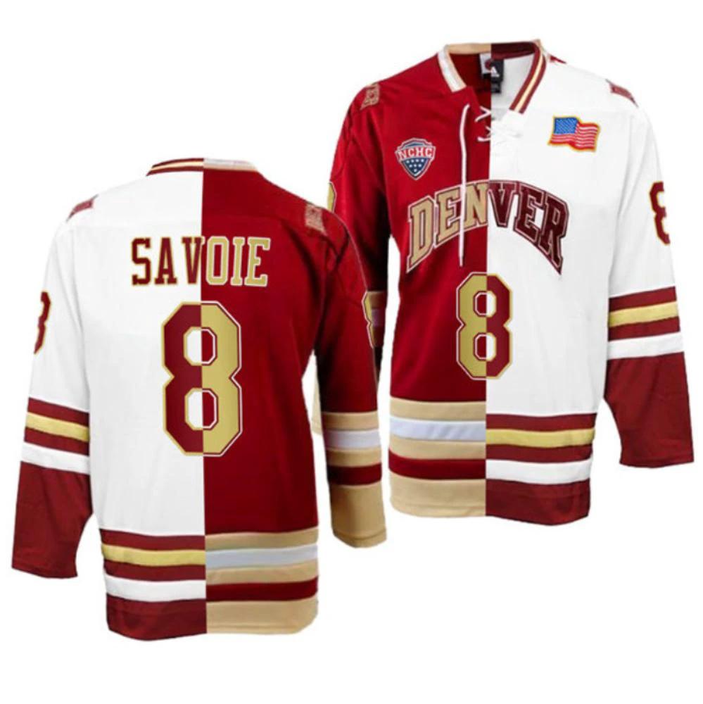 Men's Denver Pioneers Carter Savoie Jersey #8 College Hockey Crimson White Split by Hockey David