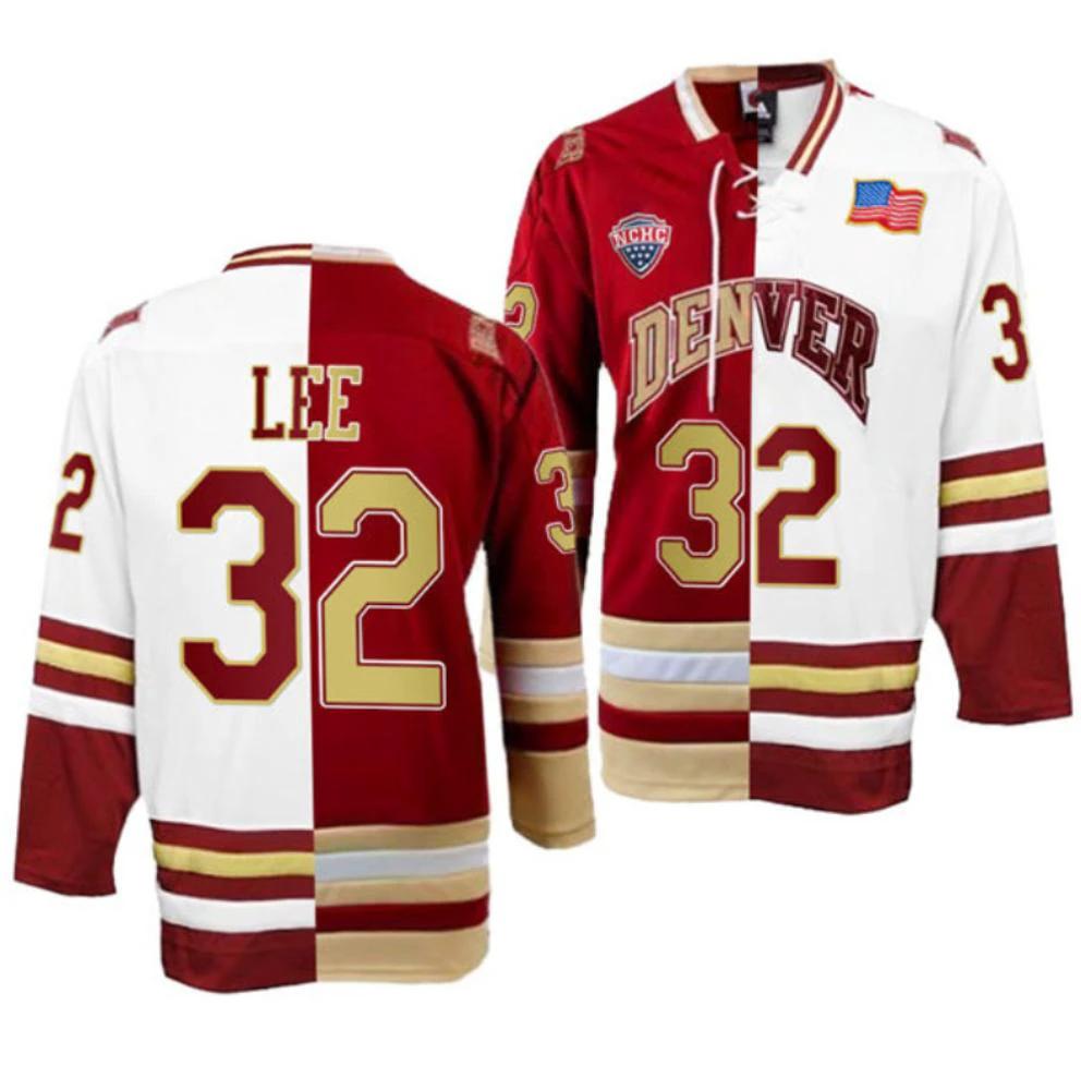 Men's Denver Pioneers Justin Lee Jersey #32 College Hockey Crimson White Split by Hockey David